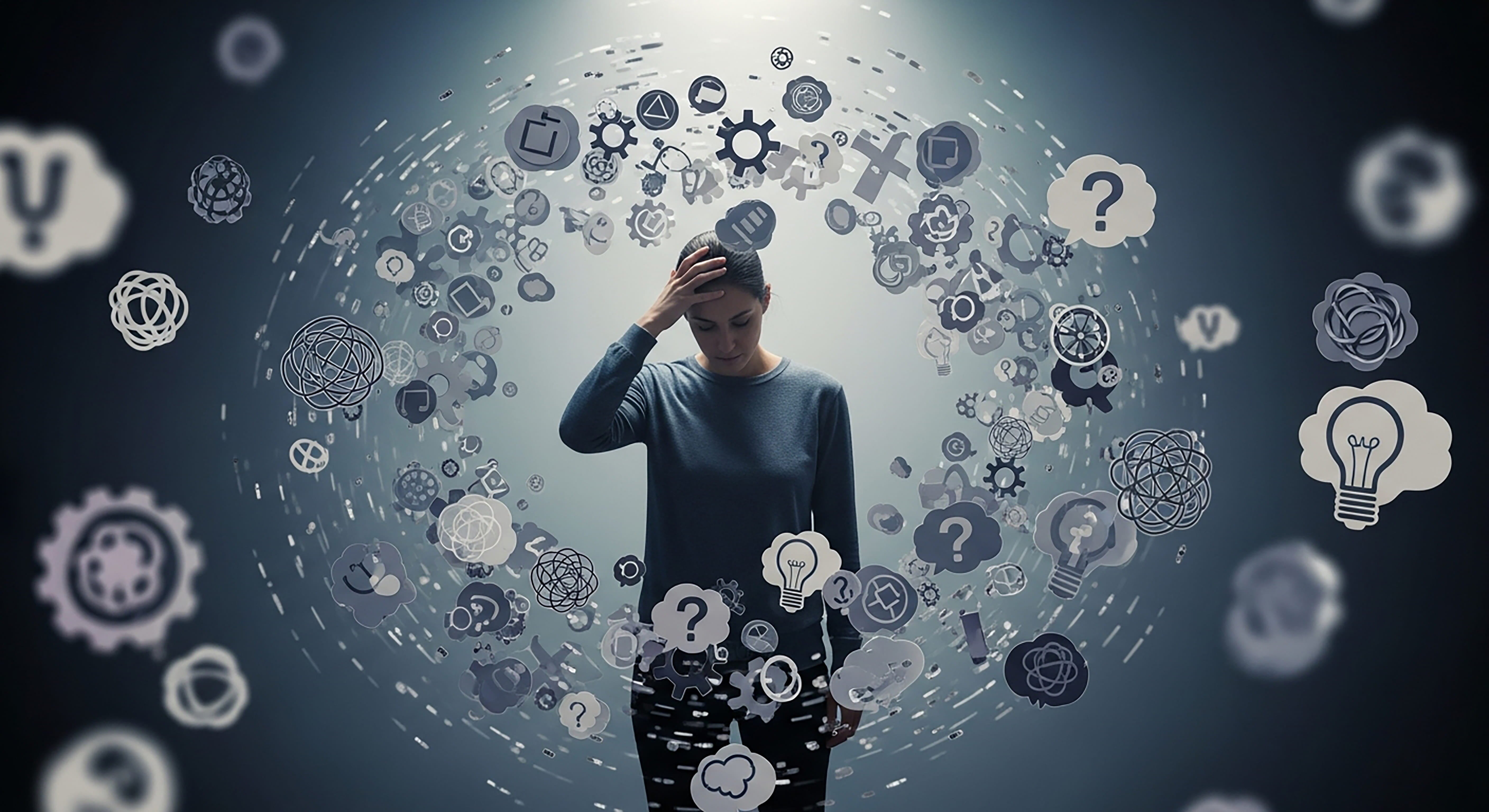 Person feeling overwhelmed, surrounded by abstract icons representing complex thoughts, decision-making challenges, and mental overload.