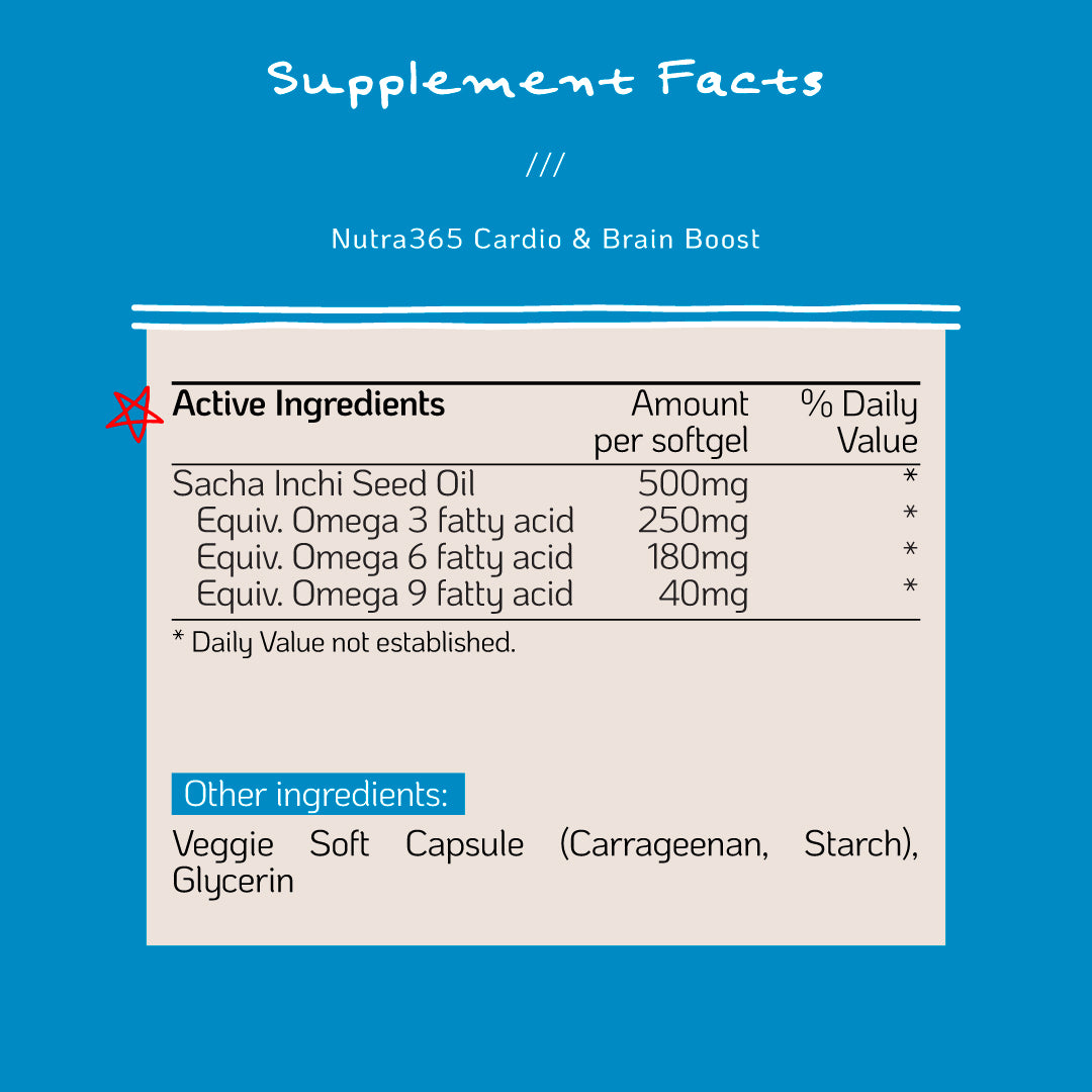 Nutra365 Cardio & Brain Boost 60s - Sacha Inchi Oil & Omega 3,6,9 for Heart, Brain & Eye Health
