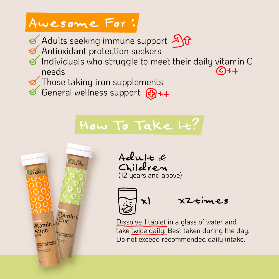 NutraFizz Vitamin C + Zinc Effervescent (Orange/Lime) 16s - Boost Immunity & Antioxidant