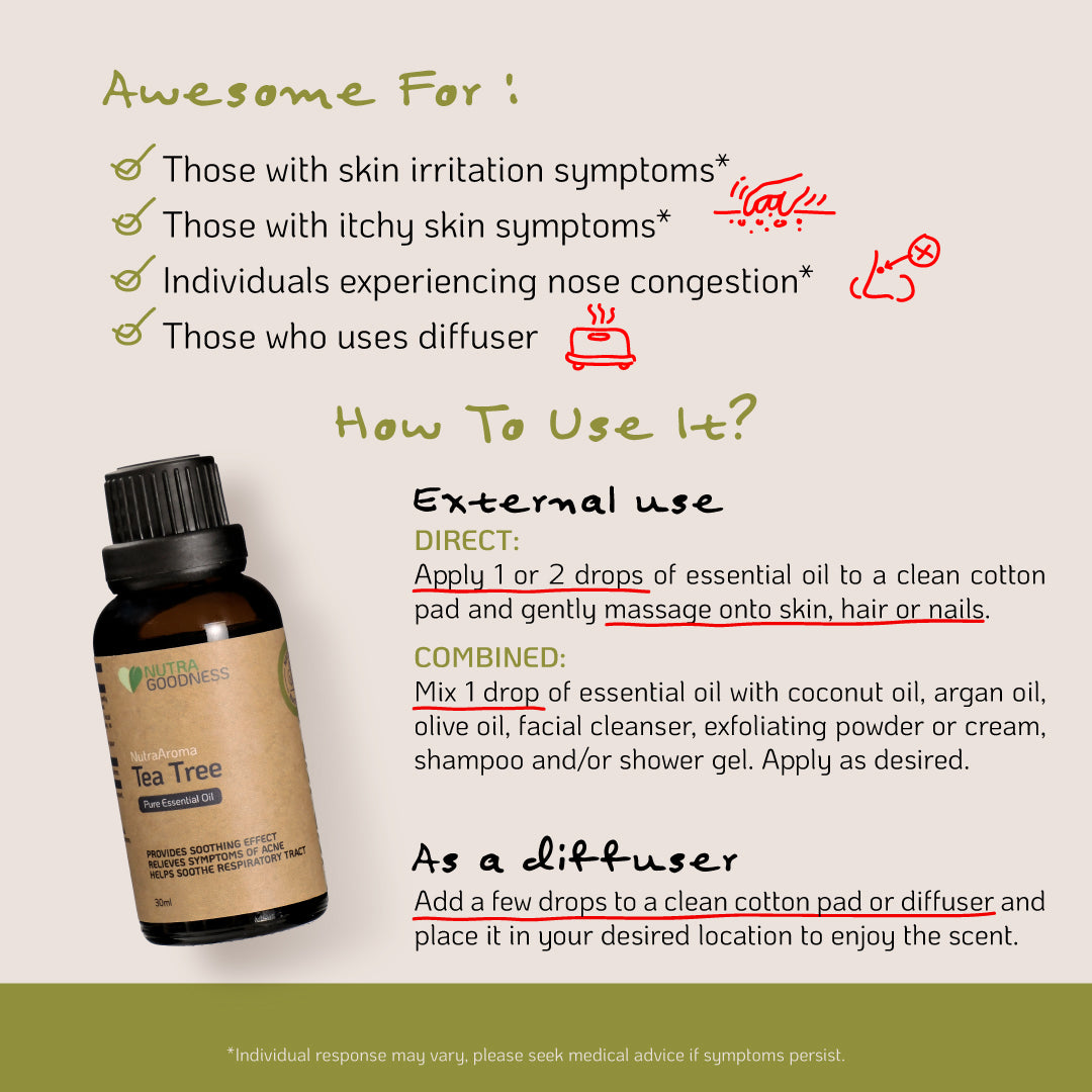 NutraAroma Pure Essential Oil Tea Tree 30ml - Relieve Skin Irritation & Nasal Congestion