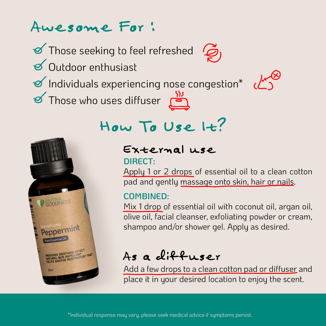 NutraAroma Pure Essential Oil Peppermint 30ml - Relieve Nasal Congestion & Natural Insect Repellent