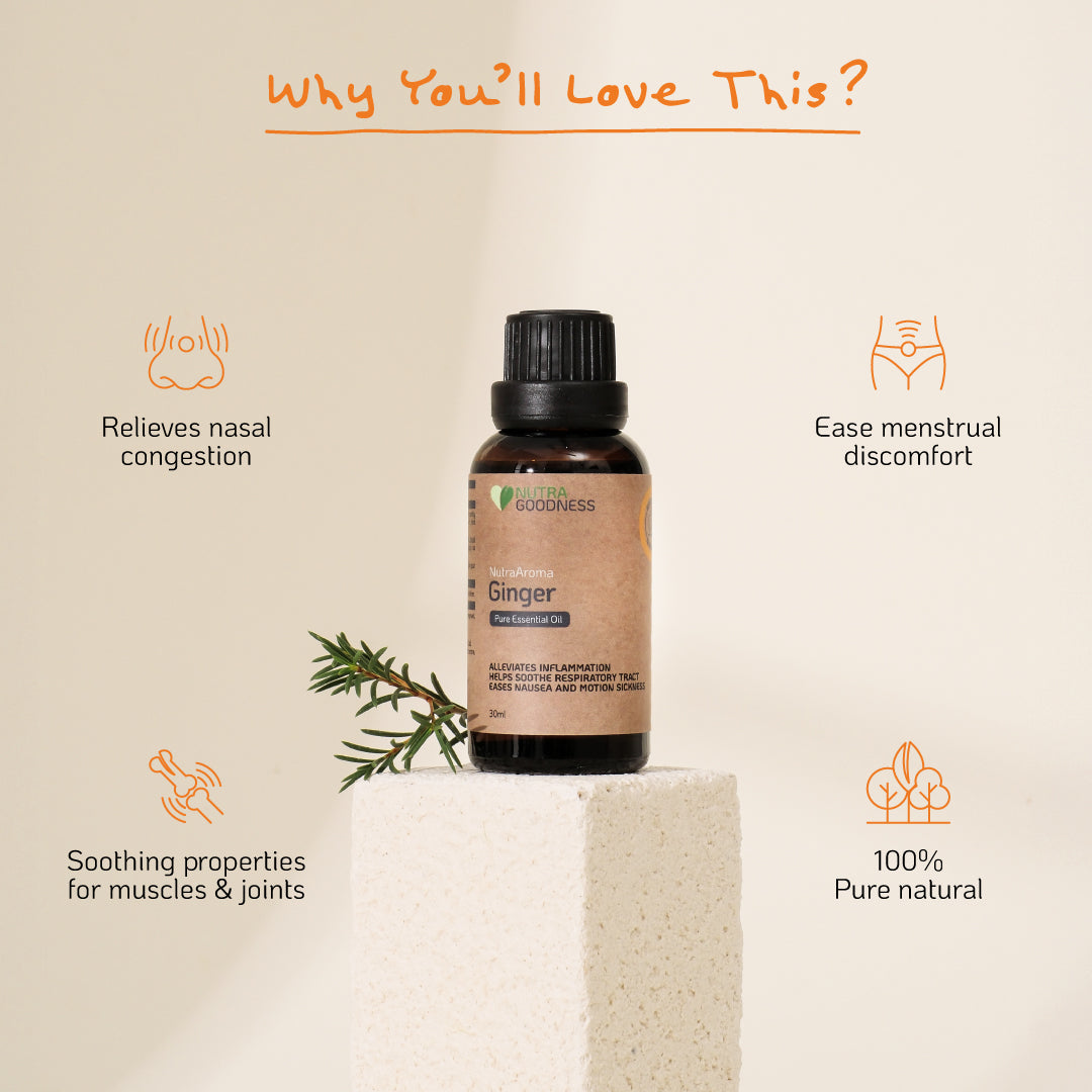 Nutra Goodness NutraAroma Pure Essential Oil Ginger 30ml - Relieve Nasal Congestion & Ease Menstrual Discomfort