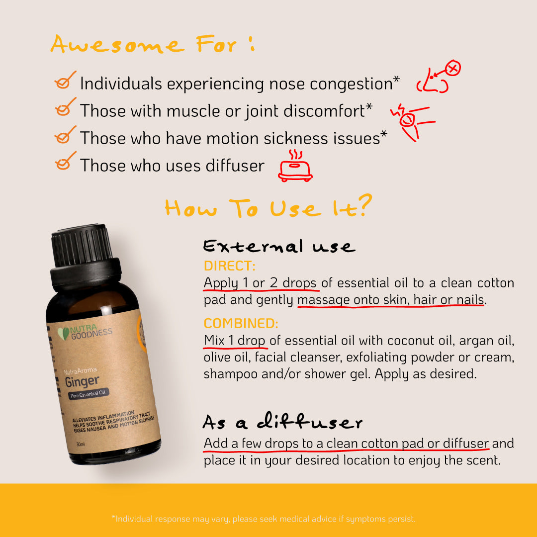 Nutra Goodness NutraAroma Pure Essential Oil Ginger 30ml - Relieve Nasal Congestion & Ease Menstrual Discomfort