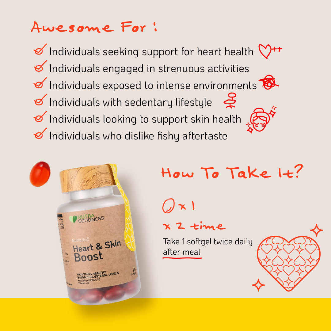Nutra Goodness Nutra365 Heart & Skin Boost 60s - Improve Heart & Skin Health, Reduce Inflammation