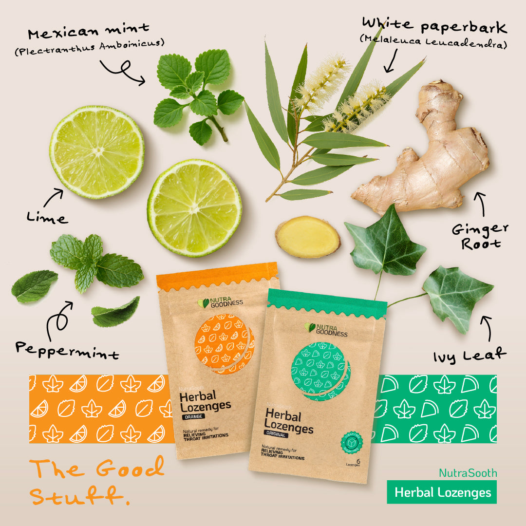 NutraSooth Sugar-Free Herbal Lozenges (Original/Orange) - Soothe Sore Throat & Ease Cold Symptoms