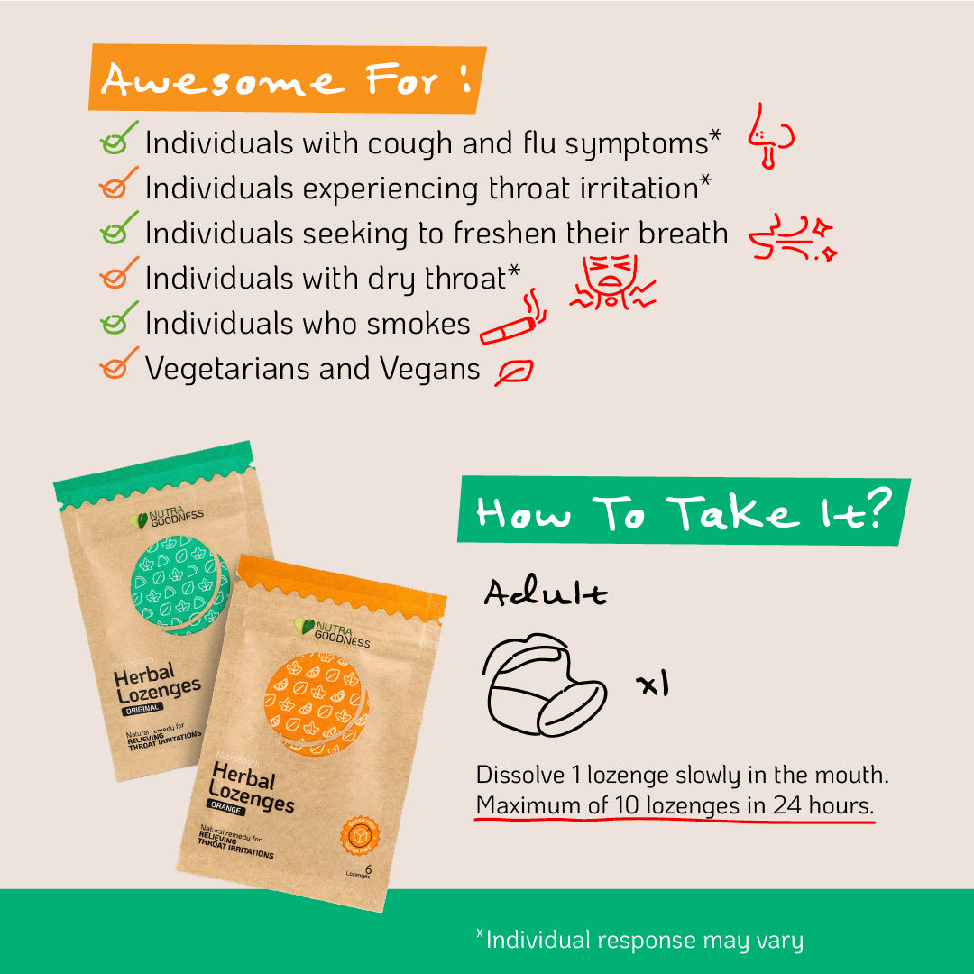 NutraSooth Sugar-Free Herbal Lozenges (Original/Orange) - Soothe Sore Throat & Ease Cold Symptoms