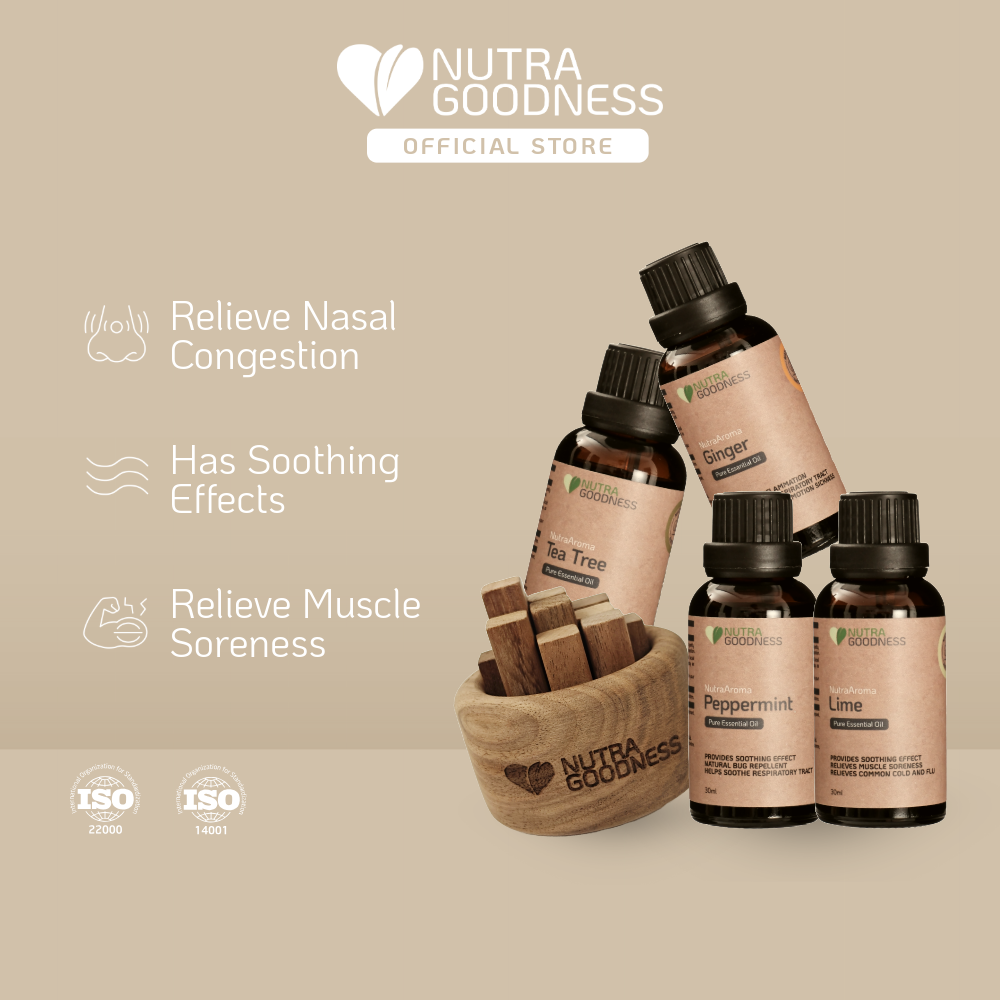 Nutra Goodness Pure Essential Oil bottles with a beige background
