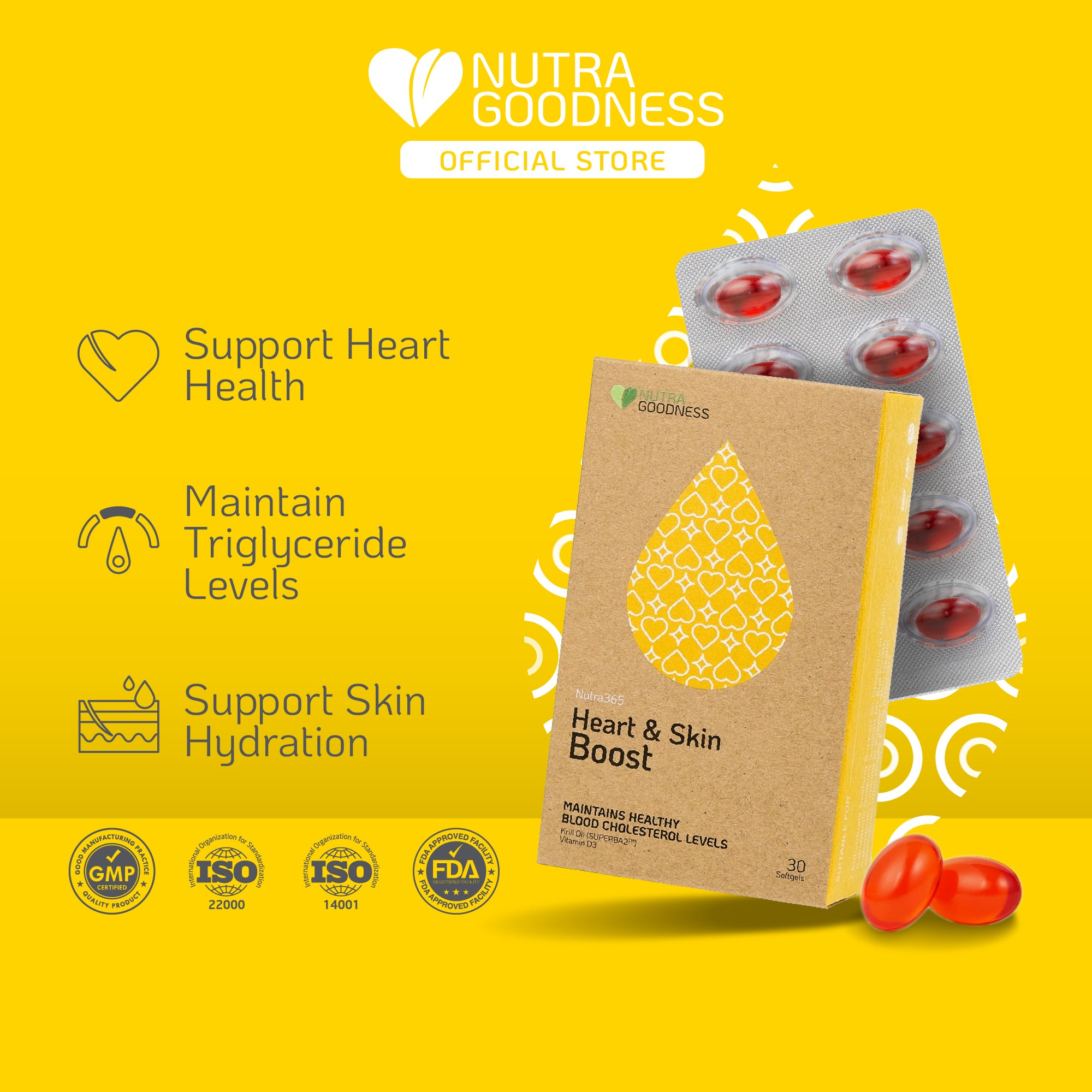 Nutra Goodness Nutra365 Heart & Skin Boost 30s product packaging with text on a yellow background