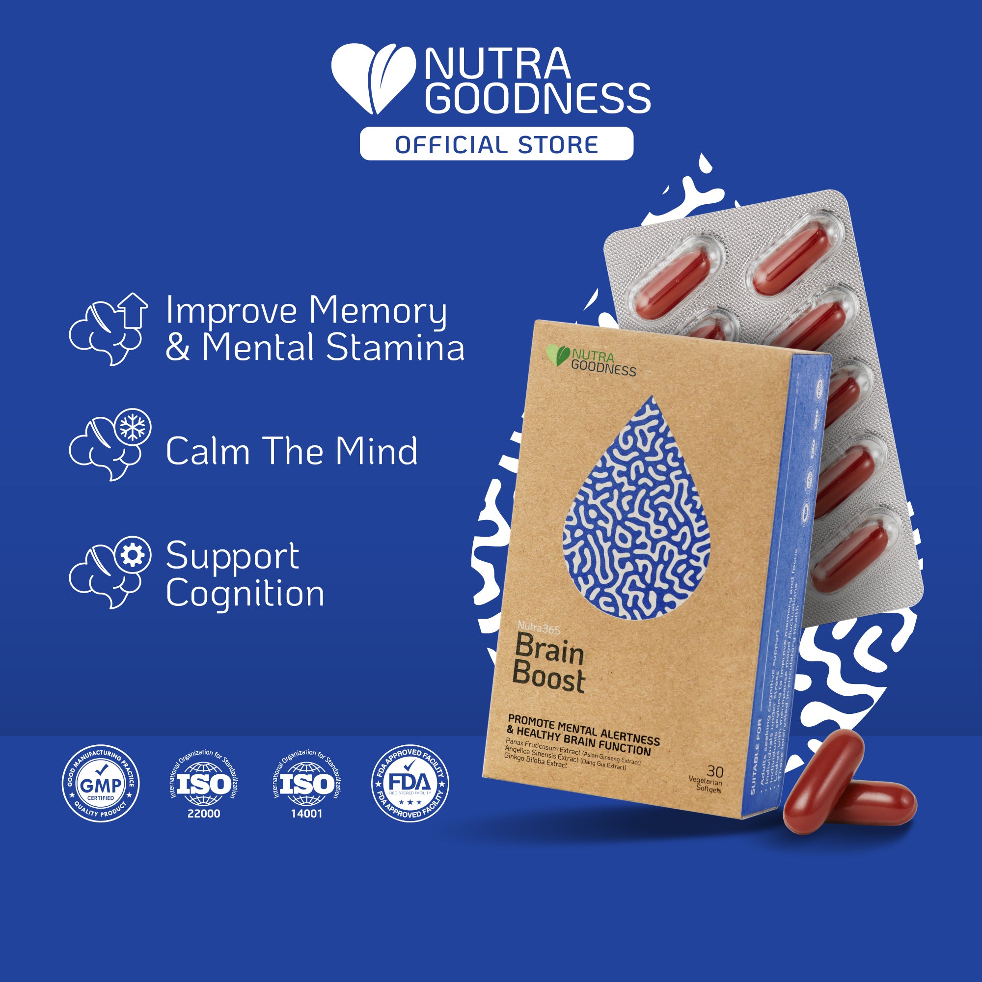 Packaging for Nutra Goodness Nutra365 Brain Boost, displaying the product name, key ingredients like ginseng and biloba, and benefits such as improving memory and mental stamina, calming the mind, and supporting cognition. The packaging is brown with blue and white design elements and a graphic of a water droplet.