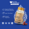 A product image featuring a bottle of Nutra Goodness Brain Boost supplements with capsules spilling out. The background has a blue pattern and the bottle has labels mentioning improved memory, mental stamina, calming the mind, and support for cognition.