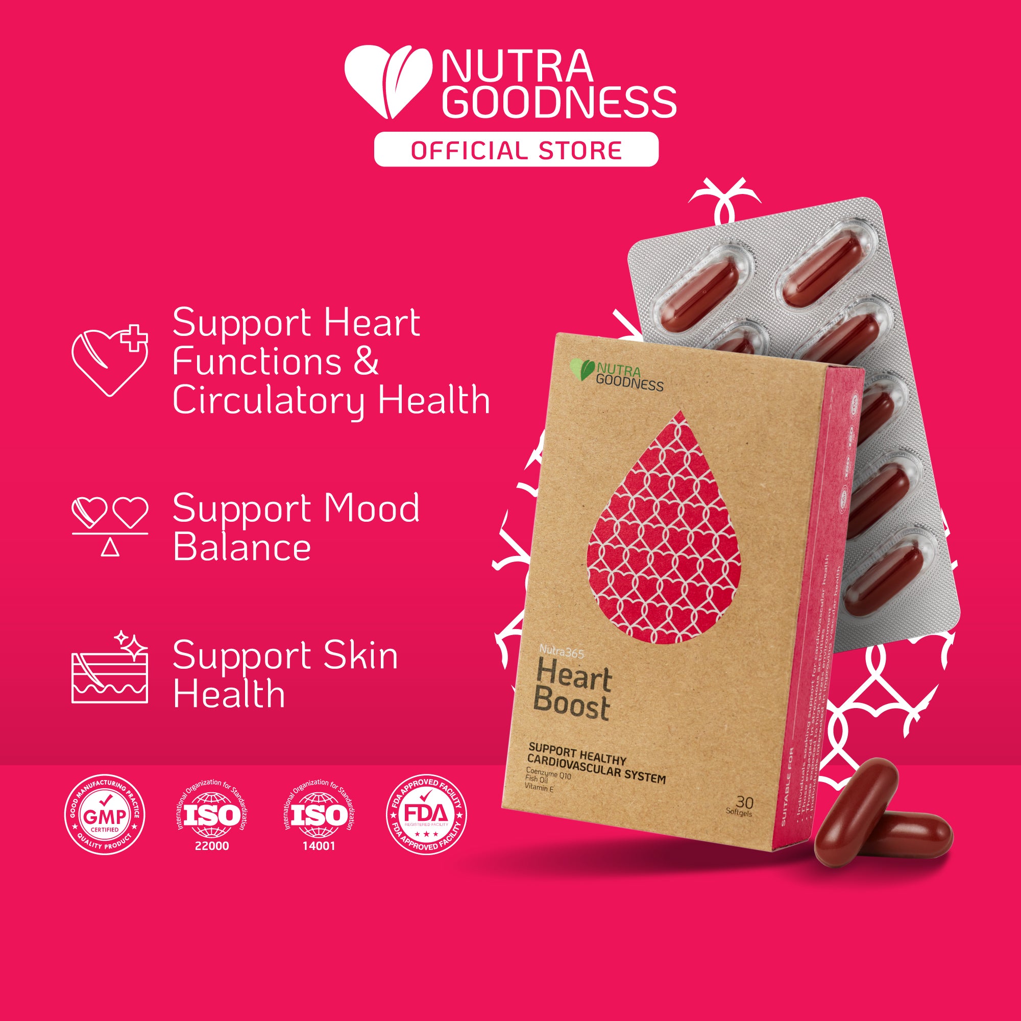 Packaging of Nutra Goodness Nutra365 Heart Boost softgels, with information on supporting heart functions, circulatory health, mood balance, and skin health.