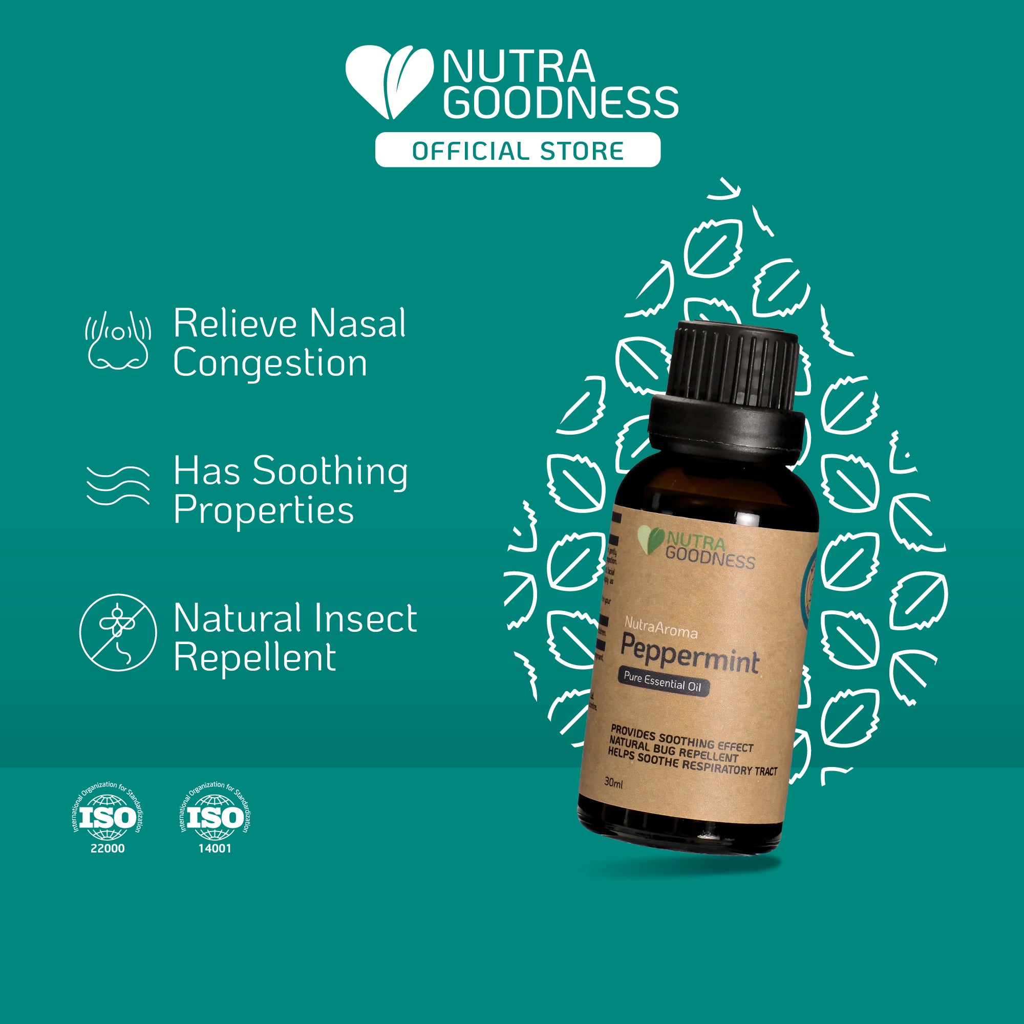 A bottle of Nutra Goodness NutraAroma Pure Essential Oil with peppermint scent, highlighting relief from nasal congestion and natural insect repellent properties. The label has ISO certification symbols and the product is presented as an official store item.
