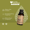 A product image featuring Nutra Goodness NutraAroma Pure Essential Oil in a Tea Tree scent, highlighting its benefits for relieving skin irritation and soothing properties. The packaging is a dark bottle with a dropper, against a background with leaf graphics, indicating the Tea Tree scent.