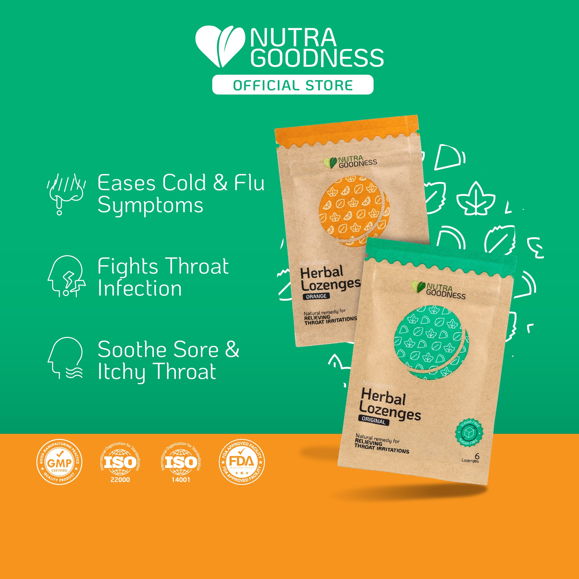 NutraSooth Sugar-Free Herbal Lozenges (Original/Orange) - Soothe Sore Throat & Ease Cold Symptoms