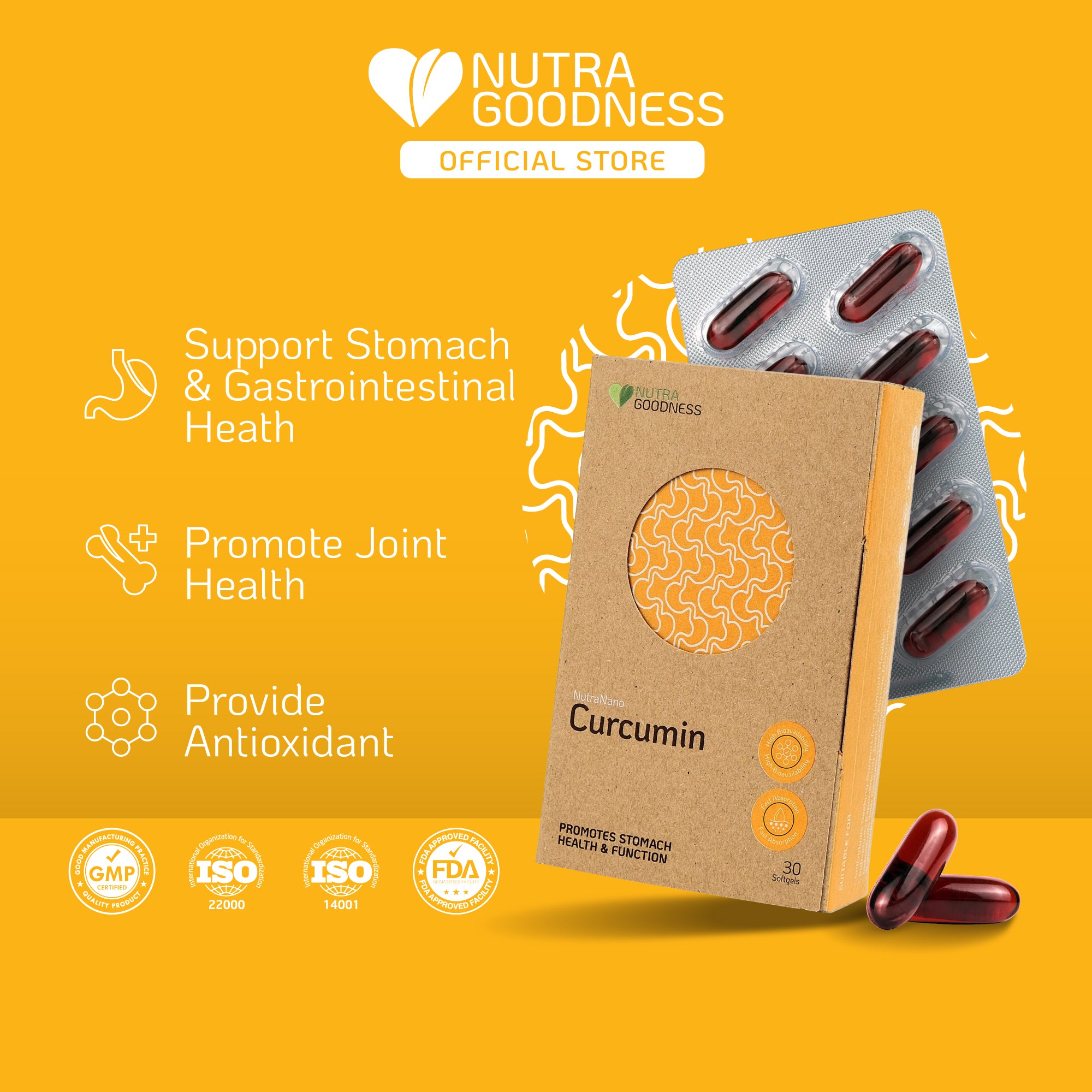 Nutra Goodness Curcumin bone and joint health supplements packaging with capsules on a yellow background