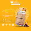 Nutra Goodness Curcumin gut health supplement bottle on a yellow background with product benefits listed.