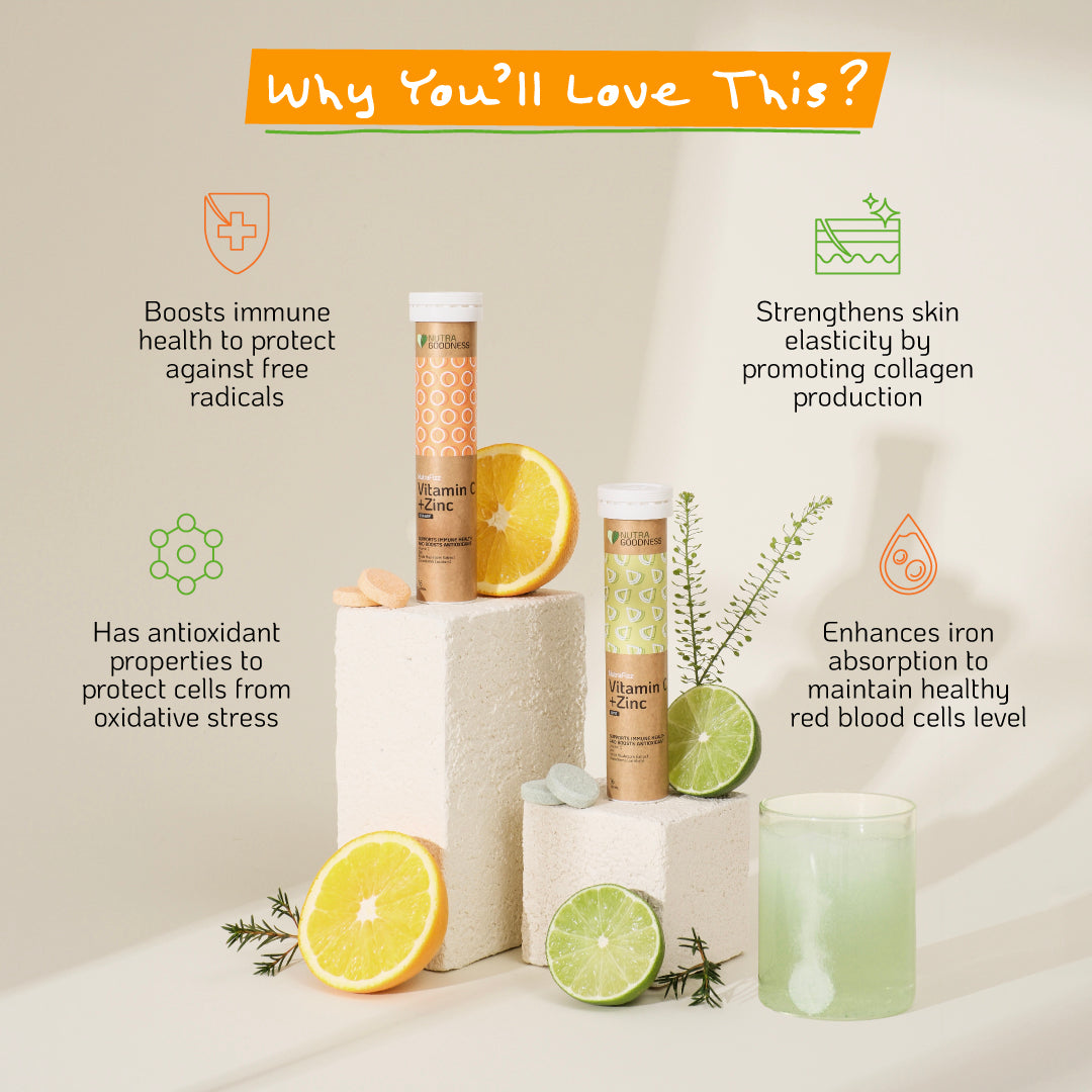 Nutra Goodness NutraFizz Vitamin C + Zinc Effervescent (Orange/Lime) 16s - Boost Immunity & Antioxidant