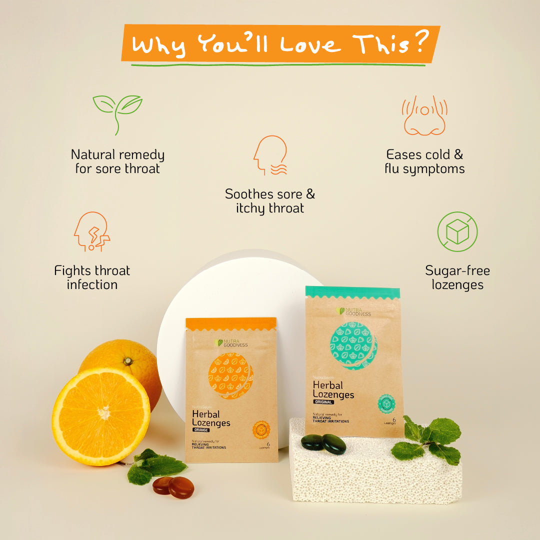 NutraSooth Sugar-Free Herbal Lozenges (Original/Orange) - Soothe Sore Throat & Ease Cold Symptoms