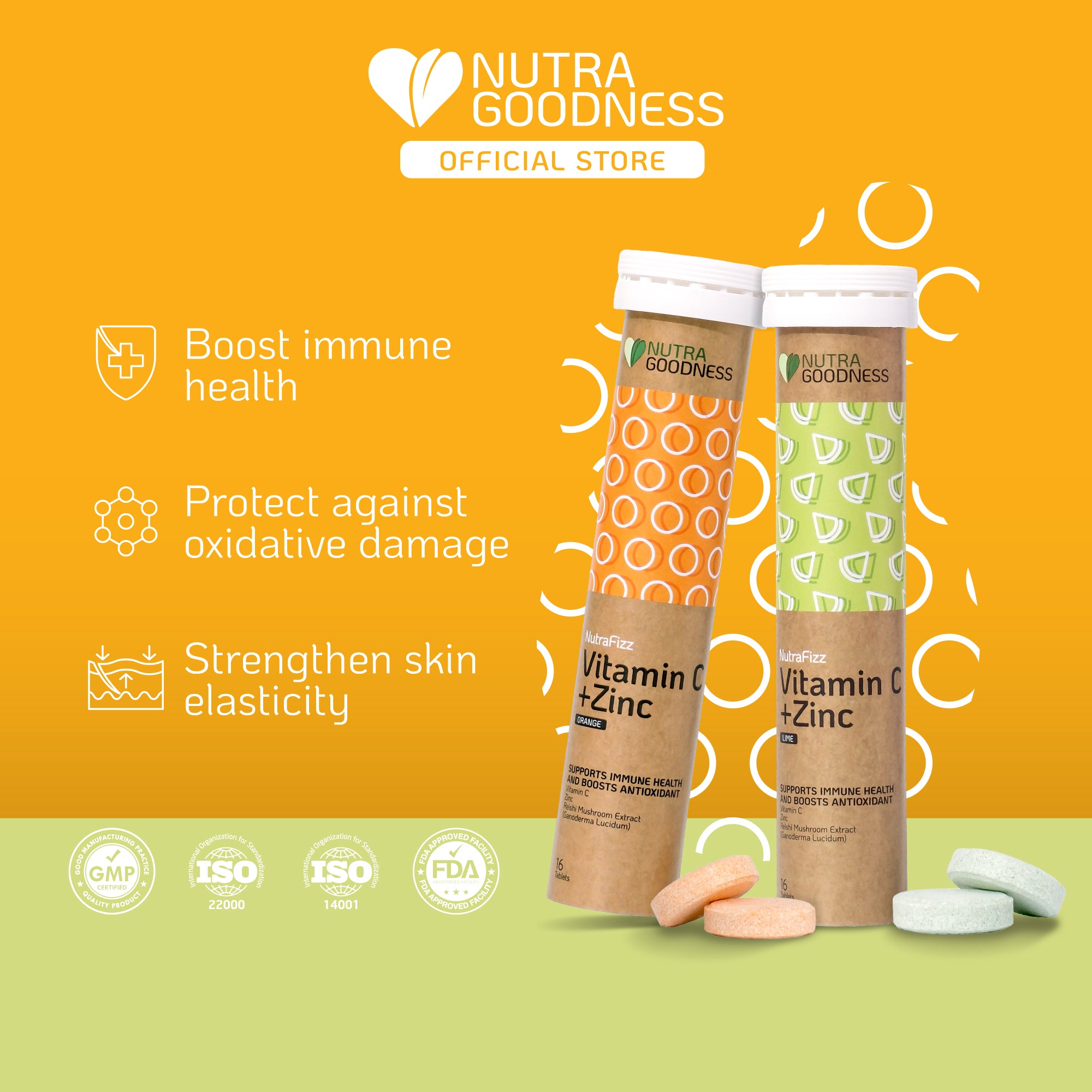 Nutra Goodness NutraFizz Vitamin C + Zinc Effervescent (Orange/Lime) 16s - Boost Immunity & Antioxidant